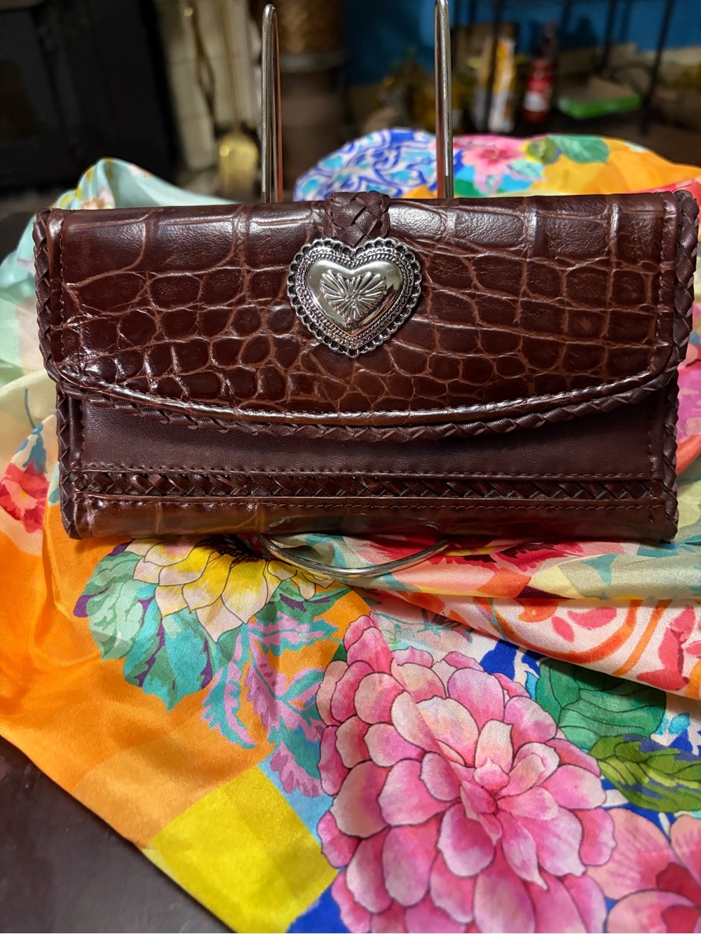 Brighton Brown Croc-Embossed Leather Wallet with Silver Heart Concho
